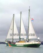 ID 791 RAINBOW WARRIOR (2)[1957/555grt/IMO 5300481, ex-GRAMPIAN FAME, ROSS KASHMIR. Renamed RONGDHONU] outbound from Auckland, NZ, bound for Matauri Bay, Northland, to take part in the 20th anniversary...